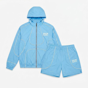 Custom Logo <b>Men's</b> Sky Blue Nylon Windbreaker Tracksuit 2 Piece Set Hooded Zip <b>Jacket</b> and Shorts Streetwear <b>Summer</b> Sportswear - Product Image 1