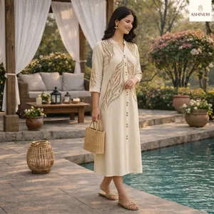Vestido Midi Boho Bordado con Cuello en V para Mujer, Manga Tres Cuartos, Holgado, de Lino y Algodón, Verano, Casual, Tejido Transpirable, Dobladillo Recto - Product Image 6