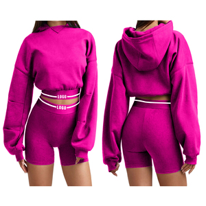 Conjunto Deportivo de 2 Piezas para Mujer, Sudadera Corta con Capucha y Pantalones Cortos, Corte Regular, Color Sólido, Bolsillos, Felpa Ecológica, Primavera - Product Image 6