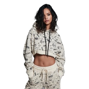 Women's Cropped Hoodie Full Sleeve Cartoon Print Knitted Sweatshirt Casual Autumn Wear With Pockets Drop-Shoulder Design - Product Image 1