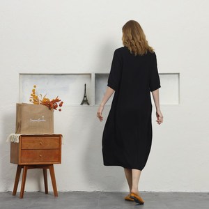 Robe maxi en coton et lin noir de qualité supérieure, col rond, coupe ample, manches 3/4, tenue décontractée d'été pour tous les jours - Product Image 2