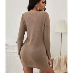 Minivestido surplice de punto gofrado con cuello en V, lazo lateral y mangas largas para mujer - Product Image 2