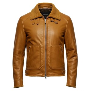 <b>Men</b>’s Tan Shearling Collar <b>Leather</b> <b>Jacket</b> – Genuine <b>Sheepskin</b> Aviator Bomber – Warm Winter Motorcycle Coat – Handmade Real - Product Image 1