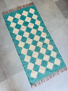 Tapis de couloir en laine et jute bleu sarcelle, motif géométrique à carreaux, style bohème Kilim, avec franges, Dhurrie, long, pour entrée, décoration de sol - Product Image 2