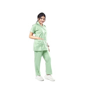Women's Light Green <b>Scrub</b> Set Short Sleeve Collar Top With Pockets Hospital Uniform Woven Cotton Polyester Blend - Product Image 1