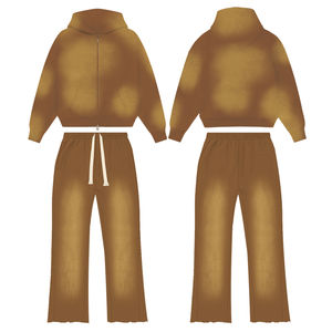 Ensemble de jogging 2 pièces personnalisé avec logo, sweat à capuche et pantalon 100 % coton, imprimé délavé vintage, sweat à capuche entièrement zippé et pantalon évasé - Product Image 2