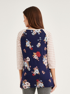 Haut d'allaitement Bmama à manches 3/4, motif floral, accès latéral dissimulé, en mélange de coton, vêtements de maternité, vente en gros - Product Image 3