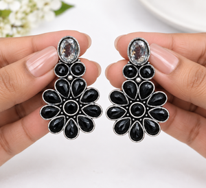 Fashion Flower Stud <b>Earrings</b> with <b>Black</b> Stone | Oxidized Silver Floral Stud <b>Earrings</b> | Indian Ethnic Fashion Jewelry - Product Image 6