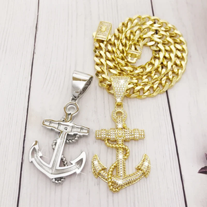 Collier Pendentif Hip Hop Ancres Bling Glacées CZ, Breloque Marin Nautique, Chaîne Maille Cubaine Or Argent, Bijoux Rapper Homme Femme - Product Image 2