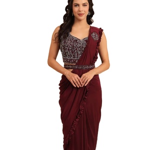 Saree By FabZone Dernier Créateur Satin de Soie Broderie Travail Prêt à Porter - Product Image 1