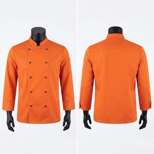 เสื้อเชฟพรีเมียมสำหรับผู้ชาย ผ้าโพลีคอตตอนทวิล 210 GSM แขนยาว สีส้ม กระดุมสองแถว ปักโลโก้ได้ ชุดยูนิฟอร์มสำหรับงานครัว - Product Image 1