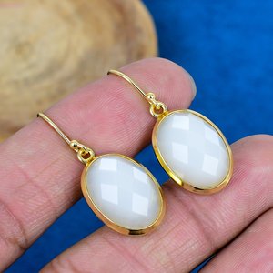 Natural Handmade White Moonstone Oval Shape Gemstone Drop Earrings 18k Micron Gold Over 925 <b>Sterling</b> <b>Silver</b> - Product Image 1