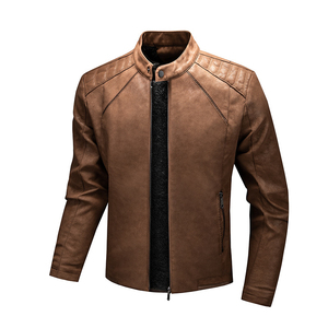 Men's <b>Brown</b> PU Leather Moto Jacket Stand Collar Zipper Closure Regular Sleeve Autumn Wear Solid Color Slim Fit - Product Image 1