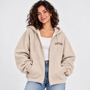 Sweat-shirt à capuche zippé beige personnalisé pour femme, coupe oversize, en molleton épais, style décontracté - Product Image 1