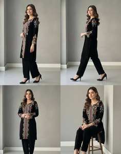 Ensemble Kurti court et palazzo en velours brodé, entièrement cousu, prêt à porter, tenue ethnique élégante pour les fêtes, tailles M à XXL, noir - Product Image 2