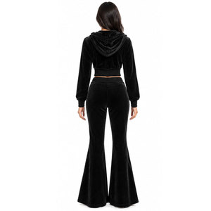 Ensemble de survêtement pour femme en velours noir à capuche, manches longues, fermeture éclair sur le devant, motif croix en strass, sweat-shirt et pantalon décontractés - Product Image 3