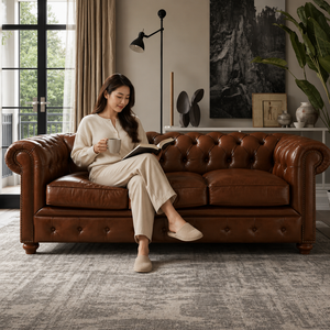 Sofá Chesterfield de Cuero Marrón de Lujo, 3 Plazas, con Botones Decorativos y Brazos Enrollados, Muebles de Primera Calidad para Sala de Estar - Product Image 4