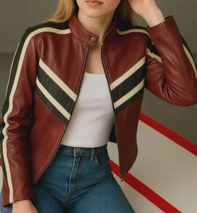 Sporty PU <b>Racer</b> <b>Jacket</b> With Color Blocking Stripes Stand Collar Zipper Closure Slim Fit Short Length Unisex Autumn Wear - Product Image 3