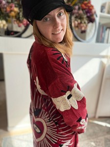 Bata de verano de terciopelo con estampado bohemio, kimono rojo hecho a mano, transpirable, suave, con bordado de ojo turco y corazón, ideal para festivales. - Product Image 5