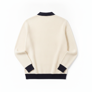 Polo en tricot à manches longues pour homme, couleur crème avec col et poignets bleu marine, style preppy, couleur unie, boutons sur le devant - Product Image 6