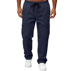 Men's Navy Blue <b>Cargo</b> Sweatpants Elastic Waist Drawstring Multiple Pockets Casual Cotton Pants Autumn Wear - Product Image 1