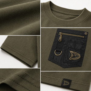 T-shirt utilitaire surdimensionné rétro Y2K pour homme, tee-shirt streetwear épais olive foncé avec poche en nylon - Product Image 6