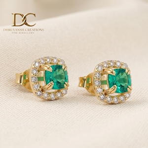 Pendientes de Oro Amarillo Sólido de 14 Quilates con Diamante Cultivado en Laboratorio y Esmeralda Colombiana, Corte Cojín, Joyería de Diseño para Mujer, Certificados por IGI - Product Image 3