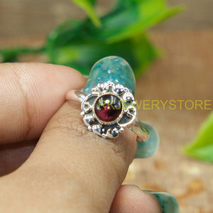 Natural Red Garnet Gemstone 925 Sterling <b>Silver</b> Handmade Floral <b>Boho</b> <b>Ring</b> for Women Round Cabochon Garnet <b>Silver</b> Statement <b>Ring</b> - Product Image 2