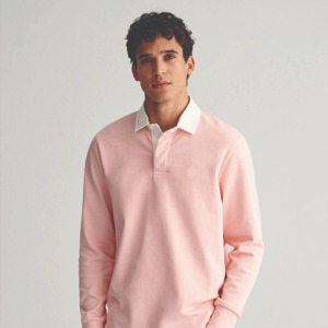 Polo de punto rosa de manga larga para hombre, corte regular, color sólido, transpirable, de algodón, diseño casual. - Product Image 3