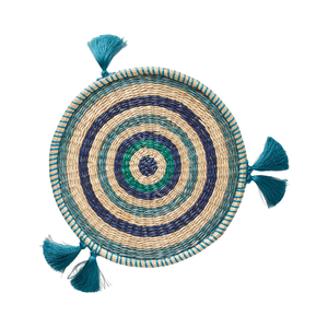 Teal Tassel Seagrass <b>Placemat</b> <b>Round</b> Blue Woven Straw Table Mat Concentric Circle Coaster Decorative Charger Plates Boho Wall Dec - Product Image 1