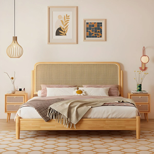Modern Rattan Bed Solid Wood <b>Frame</b> Natural King Size Massage Leather Upholstery Natural Color Finish Bellla - Product Image 3