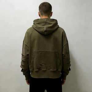 เสื้อฮู้ดดี้ผู้ชายไซส์ใหญ่ สีเขียวมะกอก แบบซิป แต่งลายขาดๆ ปักลายกราฟิก ขอบดิบ มีกระเป๋า ผ้าฟลีซ สไตล์ลำลอง สตรีทแวร์ - Product Image 5