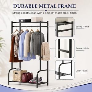 Minimalist Metal Clothing Rack With Double Tier Storage <b>Shelf</b> For Wardrobe Use <b>Standing</b> Type Multifunctional Design - Product Image 3