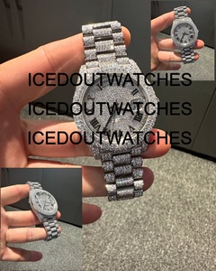 Montre en acier inoxydable avec cristaux de verre glacés en moissanite, mouvement mécanique, résistance à l'eau 10 BAR, unisexe - Product Image 1
