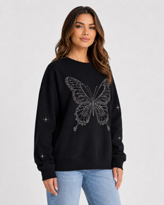 <b>Women's</b> <b>Black</b> Oversized <b>Sweatshirt</b> With Rhinestone Printing Crew Neck Long Sleeve Knitted 100% Cotton Autumn Wear - Product Image 2