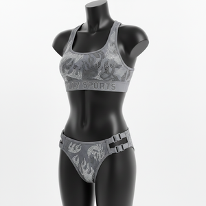 Traje de bikini de dos piezas para mujer, de nailon y spandex de alta densidad, color carbón brillante, con logo personalizado, ajuste moldeado y paneles con múltiples tiras. Bikinis para mujer. - Product Image 4