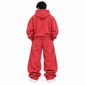 Y2K Men's <b>Red</b> 2PC Tracksuit Set Oversized <b>Hoodie</b> Baggy Sweatpants Drawstring Waist Kangaroo Pocket Relaxed Streetwear Front Logo - Product Image 2