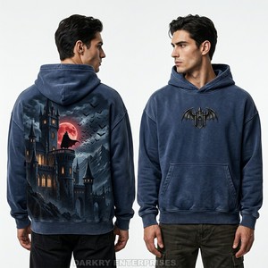 Sudadera con capucha personalizada para hombre, de felpa gruesa, con lavado ácido naranja, estampado gráfico, estilo vintage, Vampiro vs. Hombre Lobo, Streetwear - Product Image 5