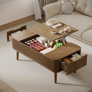 Table basse moderne en bois avec plateau relevable, tiroirs latéraux de rangement dissimulés et plateau surélevé, table centrale multifonction pour salon - Product Image 2