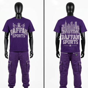 เสื้อยืดคอตตอนพรีเมียม 180 GSM และกางเกงคาร์โก้ ชุดเซ็ตสีม่วง พิมพ์ลายเพชร ปักโลโก้ตามสั่ง สตรีทแวร์ ชุด 2 ชิ้น สำหรับผู้ชาย - Product Image 3