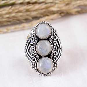 3-Stone Rainbow Moonstone Silver <b>Ring</b> Vintage Tribal Filigree <b>Statement</b> <b>Ring</b> Artisanal Beaded Edge Shield Design Authentic - Product Image 1