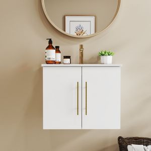 Mobile bagno sospeso da 24 pollici con doppio lavabo in ceramica, ante con cerniere a chiusura ammortizzata, montaggio facilitato, finitura oro metallico - Product Image 1