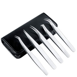 Ensemble de 5 pinces à cils professionnelles en acier inoxydable durable à pointe lisse, pinces à cils droites et courbées, kit de pinces à cils en cuir - Product Image 1