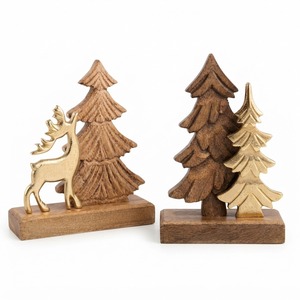 Decoración Navideña de Madera con Figuras de Ciervos y Árboles Dorados, Adorno Rústico para Mesa, Decoración para el Hogar con Temática Invernal, 2 Piezas - Product Image 1