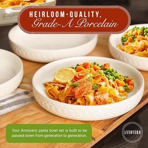 Lot de 4 grands bols à pâtes plats en porcelaine blanche, vaisselle avec grand rebord, plat de service pour dîner et assiettes - Product Image 1