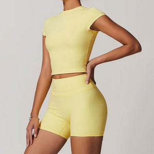 <b>Womens</b> <b>Yellow</b> Crop <b>Top</b> Crew Neck Cap Sleeve Slim Fit Knitted Sporty Solid Color Breathable T Shirt for Spring Summer Casual Wear - Product Image 4