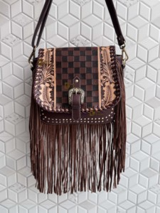 High Quality Fringe Handbag Hand Tooled Carving Leather <b>Bag</b> Gypsy <b>Boho</b> Checkers Handmade Real Leather Western Multi Uses <b>Bag</b> - Product Image 5