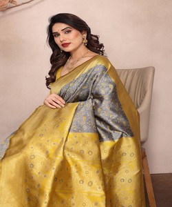 Sari de seda amarillo y gris con borde estampado, traje tradicional indio para bodas, para mujeres - Product Image 4