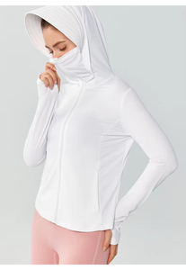 Haut à manches longues, vente en gros usine, veste à capuche légère pour femme, tissée, unie, teinte, anti-UV, avec masque intégré - Product Image 5