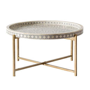 Mesa de centro redonda de alta calidad hecha a mano por los mejores artesanos, con incrustaciones de hueso, estilo antiguo moderno, con estructura de metal, para sala de estar. - Product Image 4